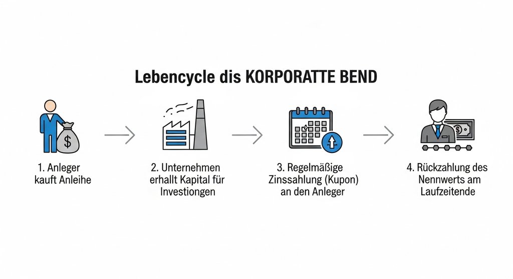 Infografik, die den einfachen Prozess einer Investition in eine Unternehmensanleihe in vier Schritten erklärt.
