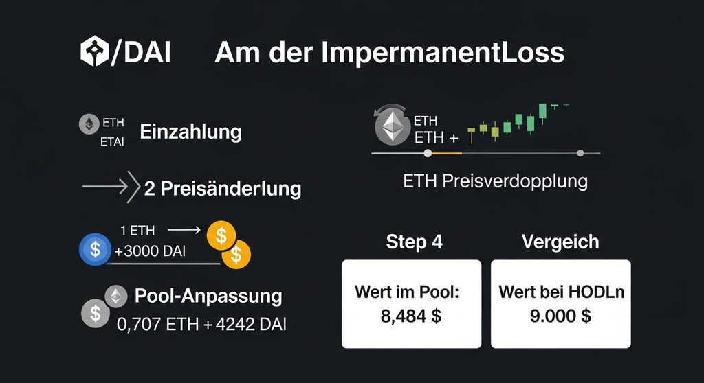 Infografik, die den Impermanent Loss anhand eines Rechenbeispiels mit vier Schritten einfach erklärt.