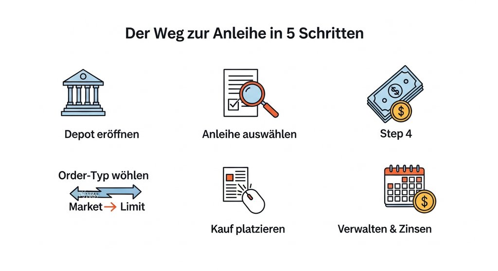 Infografik, die den Prozess des Anleihenkaufs in fünf einfachen Schritten darstellt.