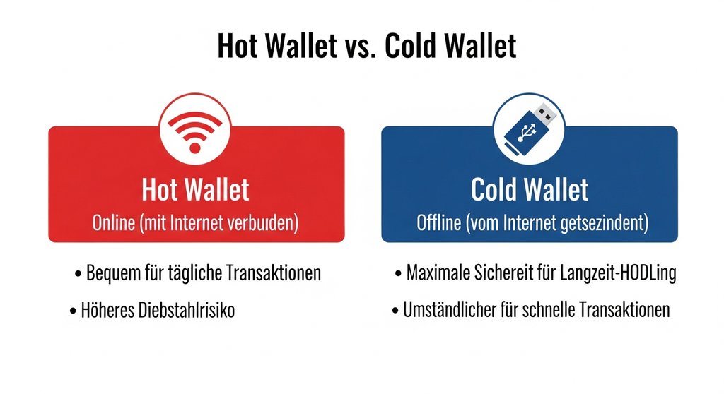 Infografik, die den Sicherheitsunterschied zwischen einer Hot Wallet und einer Cold Wallet für Bitcoin erklärt.