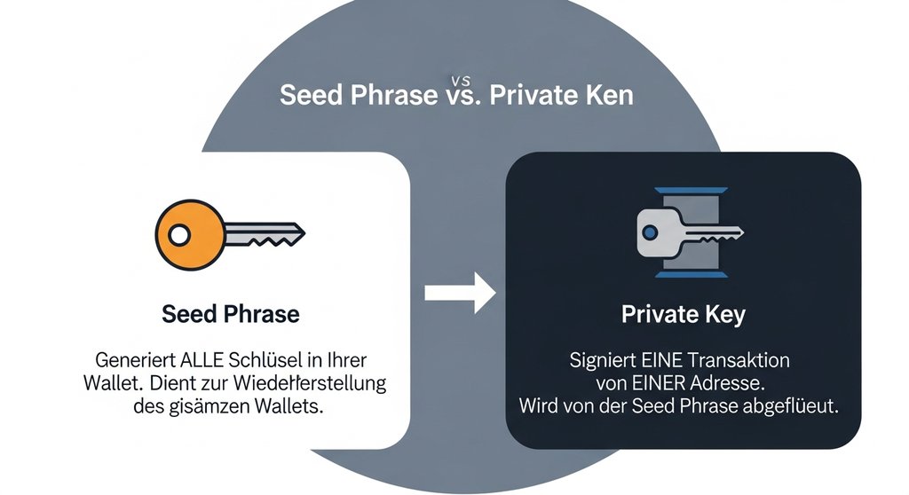 Infografik, die den Unterschied zwischen einer Seed Phrase und einem Private Key erklärt.