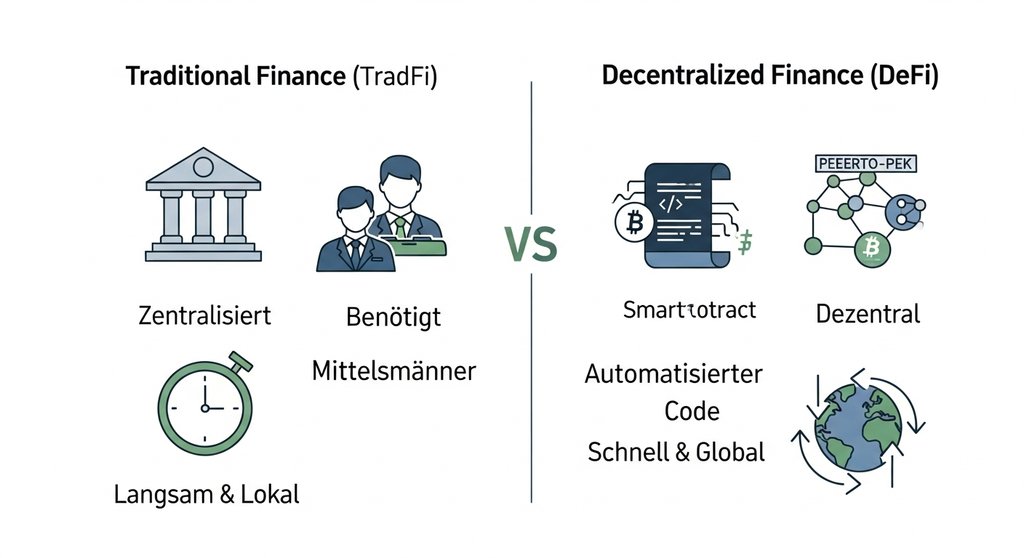 Infografik, die den Unterschied zwischen traditioneller Finanz (TradFi) und dezentraler Finanz (DeFi) erklärt.