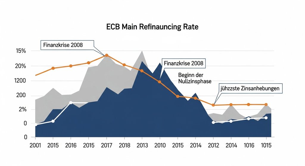 Infografik, die den Verlauf des EZB-Leitzinses der letzten 15 Jahre zeigt.
