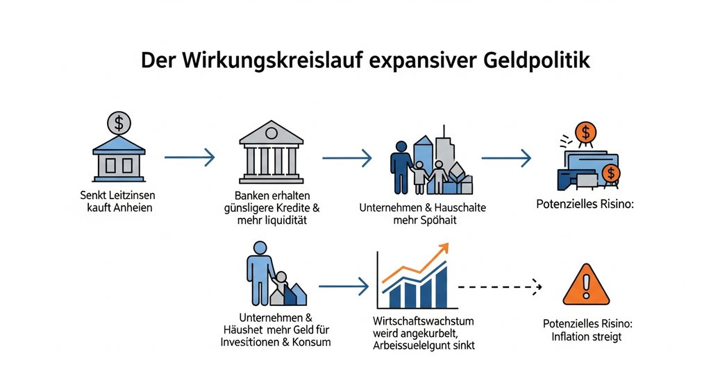Infografik, die den Wirkungskreislauf der expansiven Geldpolitik von der Zinssenkung bis zum Wirtschaftswachstum zeigt.