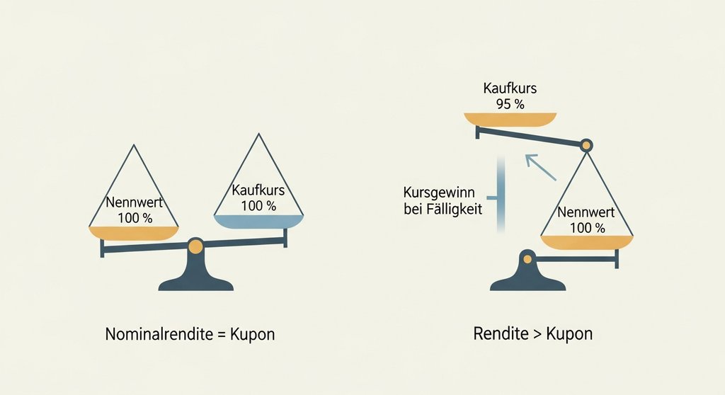 Infografik, die den Zusammenhang zwischen Kaufkurs, Nennwert und der Rendite einer Anleihe erklärt.