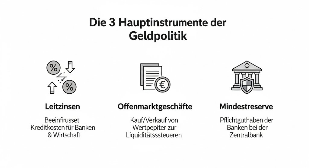 Infografik, die die drei geldpolitischen Instrumente Leitzins, Offenmarktgeschäfte und Mindestreserve erklärt.