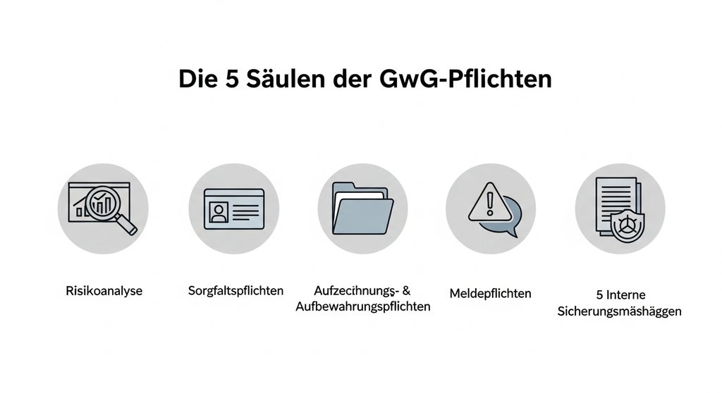 Infografik, die die fünf zentralen Pflichten nach dem Geldwäschegesetz (GwG) darstellt.