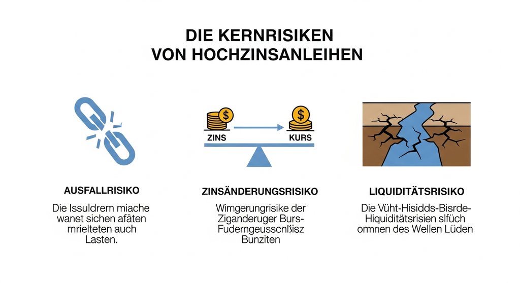 Infografik, die die Hauptrisiken von Hochzinsanleihen wie Ausfallrisiko, Zinsrisiko und Liquiditätsrisiko darstellt.