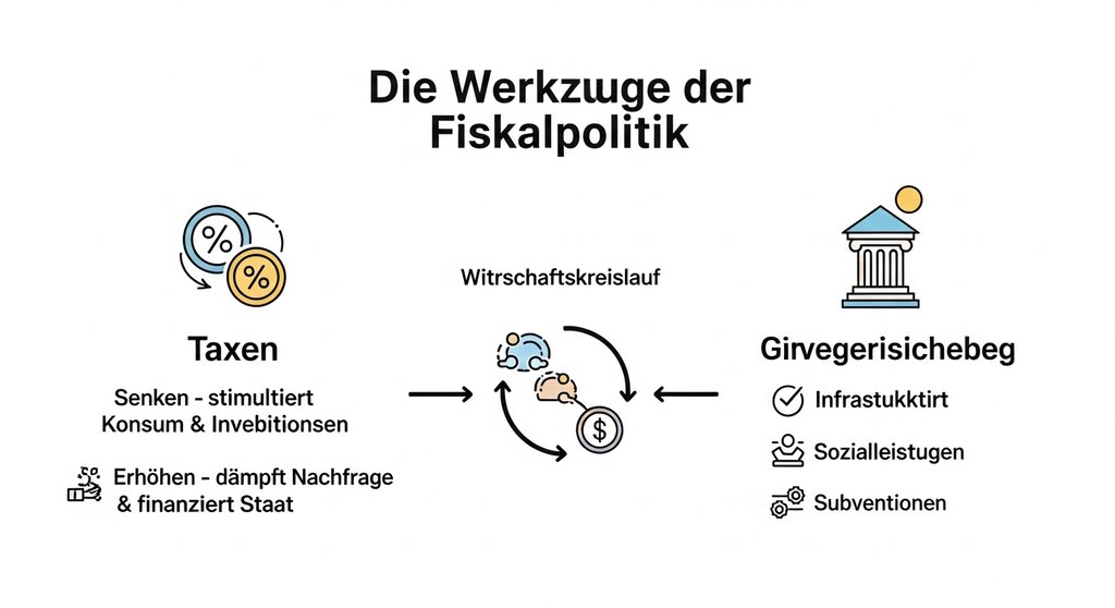 Infografik, die die Instrumente der Fiskalpolitik, Steuern und Staatsausgaben, und ihre Wirkung auf die Wirtschaft erklärt.