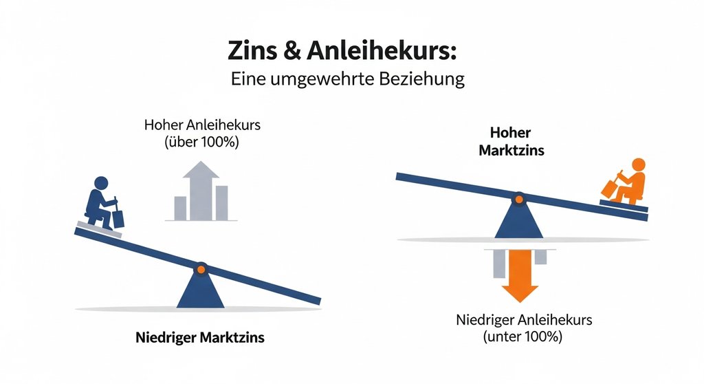 Infografik, die die inverse Beziehung zwischen Marktzins und Anleihen Kursentwicklung erklärt.