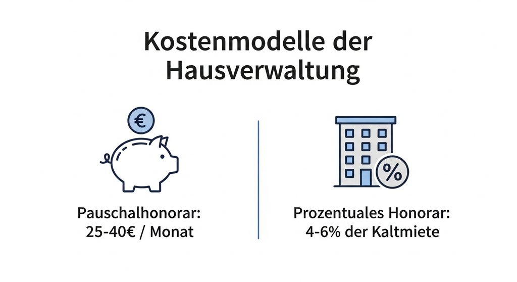 Infografik, die die Kostenmodelle einer Hausverwaltung, Pauschalhonorar und prozentuales Honorar, vergleicht.