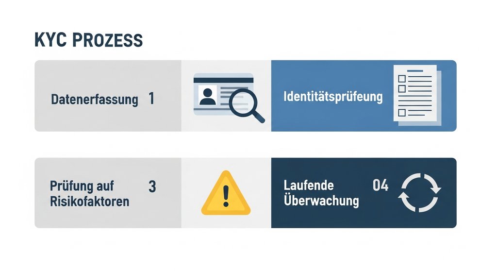 Infografik, die die vier Schritte des KYC-Prozesses zur Geldwäscheprävention darstellt.