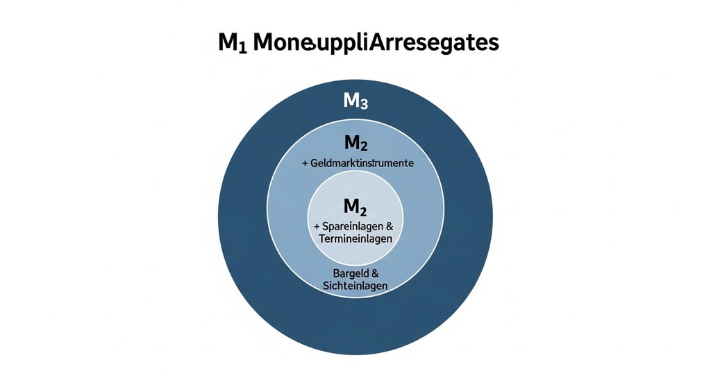 Infografik, die die Zusammensetzung der Geldmengen M1, M2 und M3 als ineinander geschachtelte Kreise darstellt.