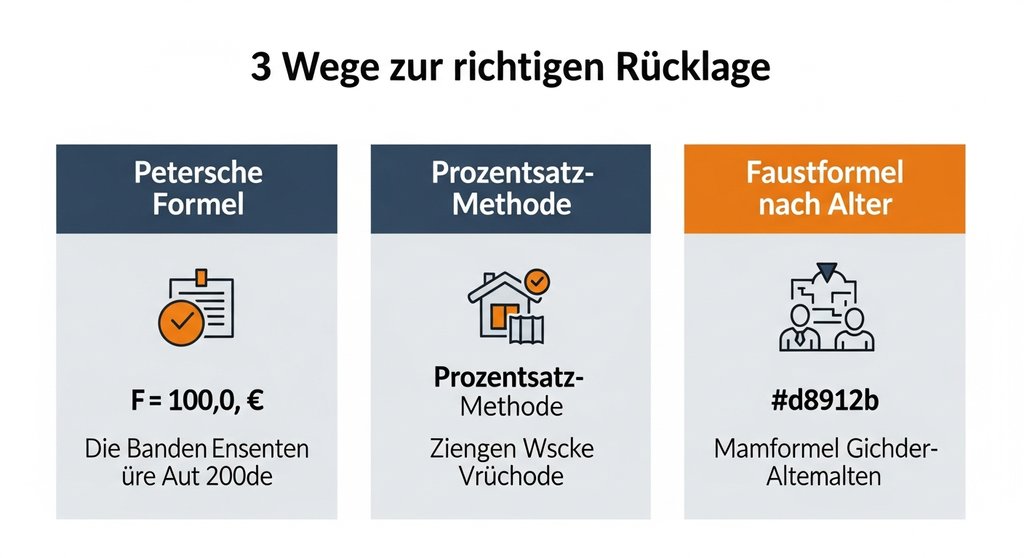 Infografik, die drei Methoden zur Berechnung der Höhe der Instandhaltungsrücklage vergleicht: Peterssche Formel, Prozentsatz-Methode und Faustformel.