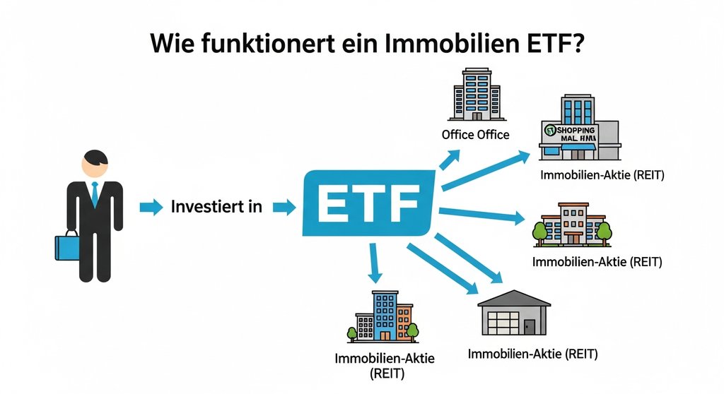 Infografik, die erklärt, wie ein Immobilien ETF in verschiedene Immobilienaktien investiert.