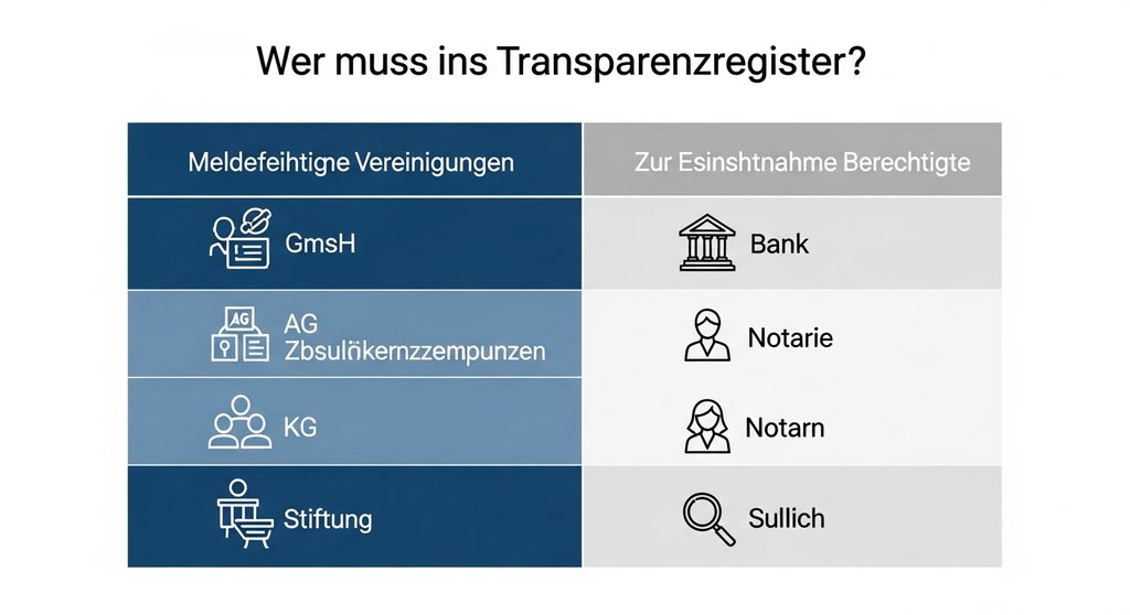 Infografik, die meldepflichtige Vereinigungen für das Transparenzregister und einsichtsberechtigte Parteien darstellt.