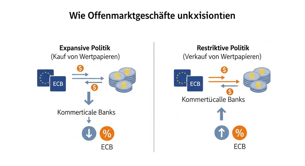 Infografik erklärt die expansive und restriktive Wirkung von Offenmarktgeschäften auf Liquidität und Zinsen.