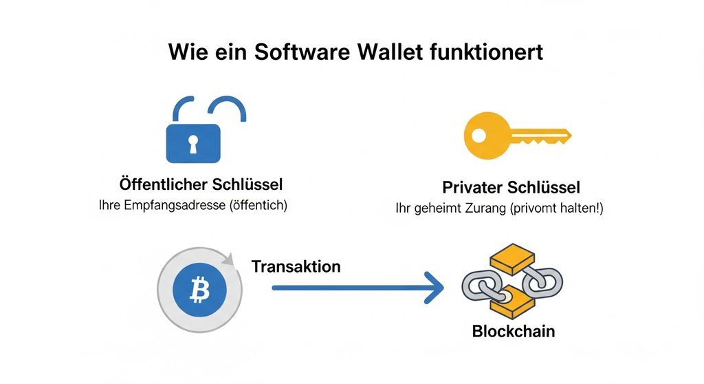 Infografik erklärt die Funktionsweise eines Software Wallets mit privatem und öffentlichem Schlüssel.