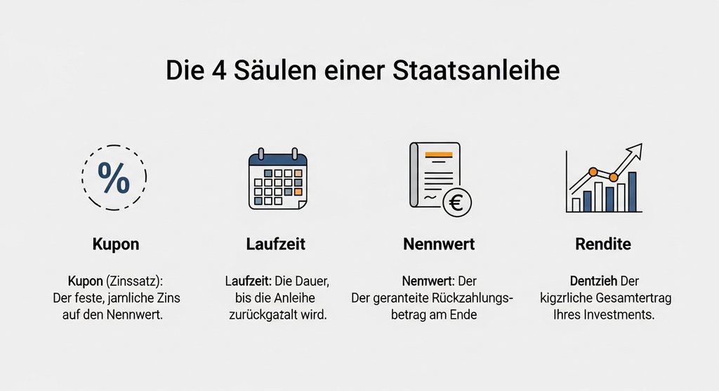 Infografik erklärt die vier wichtigsten Merkmale einer Staatsanleihe: Kupon, Laufzeit, Nennwert und Rendite.