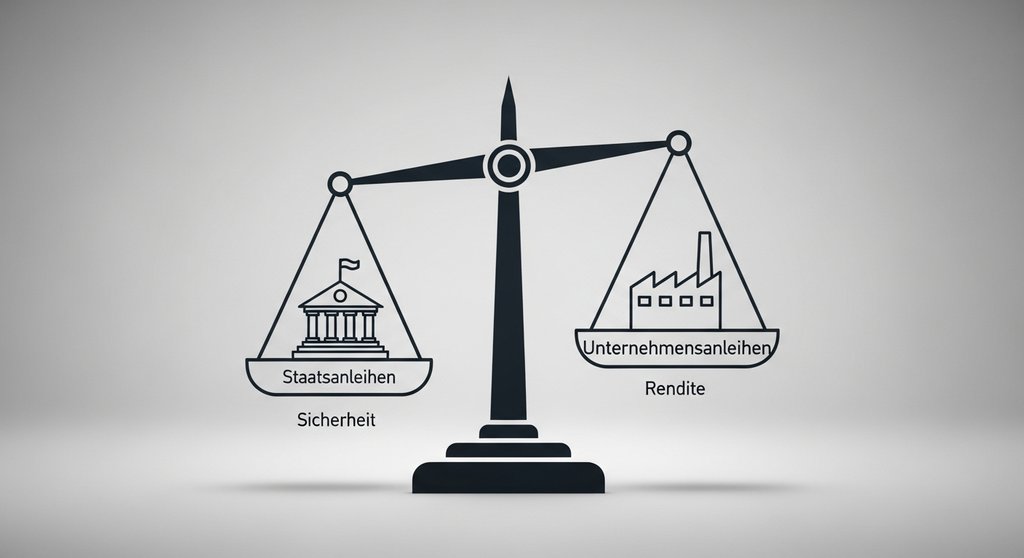Infografik vergleicht Sicherheit von Staatsanleihen mit der Rendite von Unternehmensanleihen.
