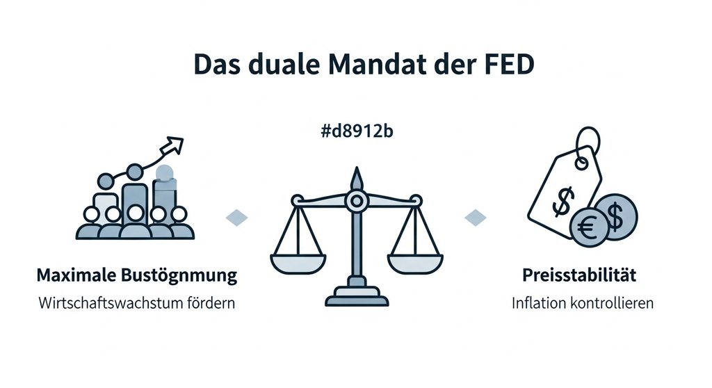 Infografik zum dualen Mandat der Federal Reserve: Preisstabilität und maximale Beschäftigung.