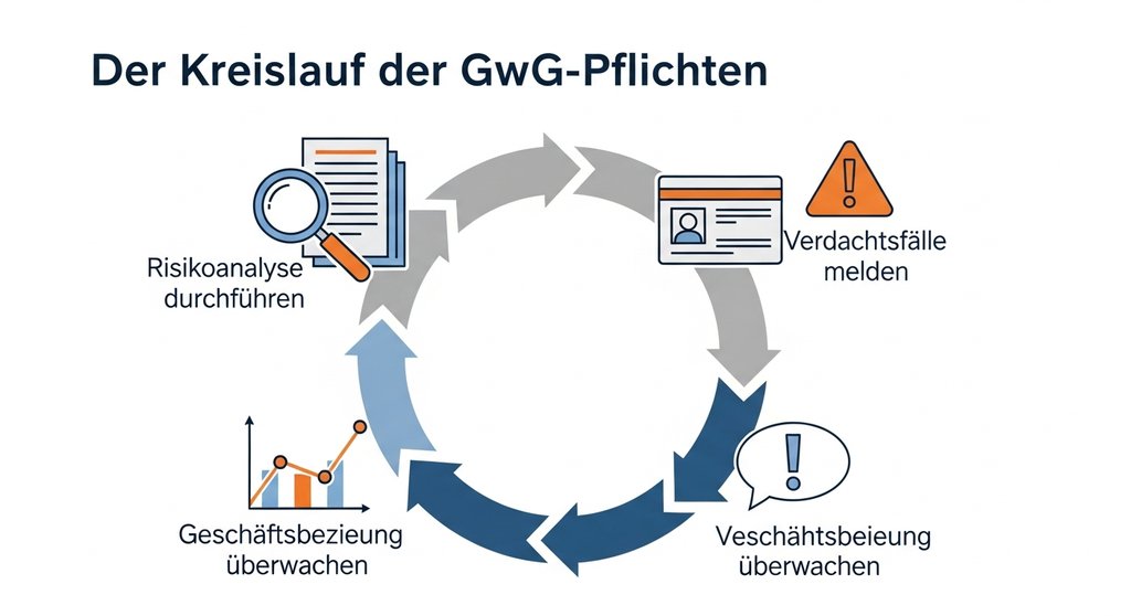 Infografik zum Kreislauf der GwG-Pflichten: Risikoanalyse, Sorgfaltspflichten, Überwachung und Meldung.