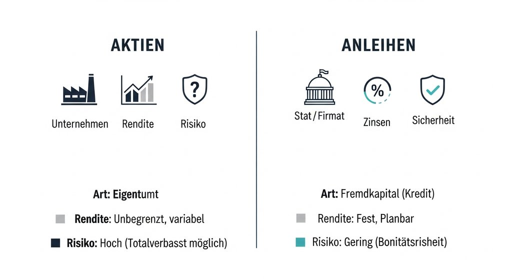 Infografik zum Vergleich der Kerneigenschaften von Aktien und Anleihen.