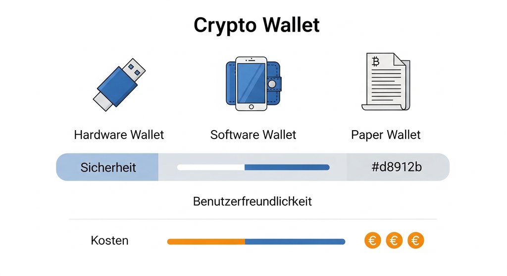 Infografik zum Vergleich von Ethereum Wallet-Typen: Hardware-, Software- und Paper-Wallets.