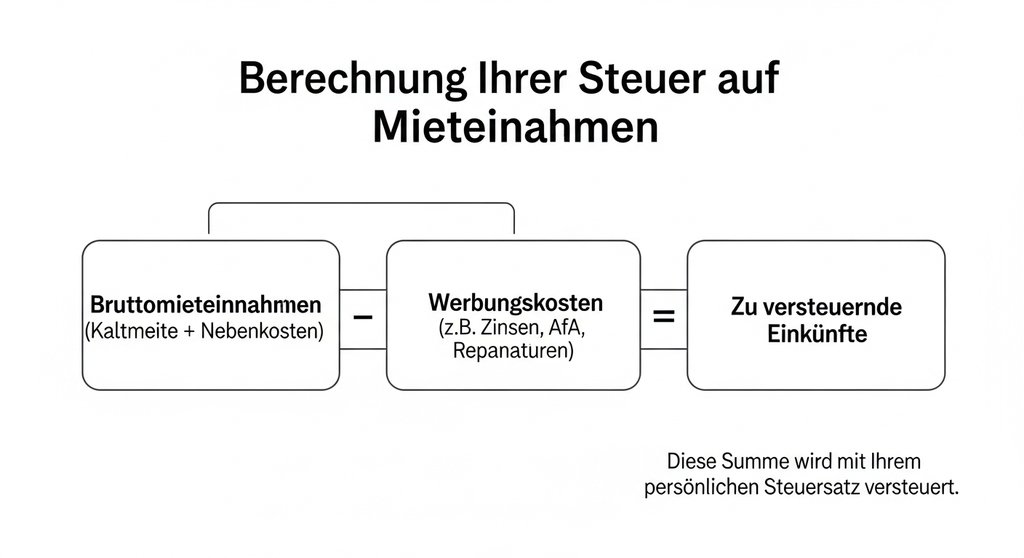 Infografik zur Berechnung der steuerpflichtigen Einkünfte aus Vermietung und Verpachtung.