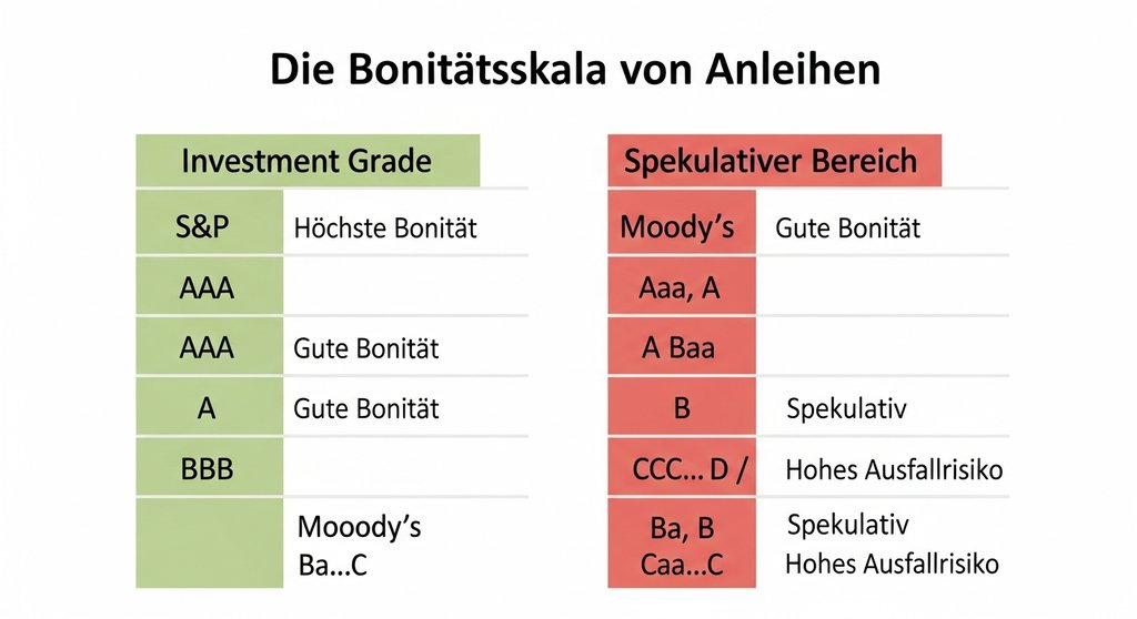 Infografik zur Bonität von Anleihen, die die Rating-Skalen von Investment Grade bis zum spekulativen Bereich erklärt.