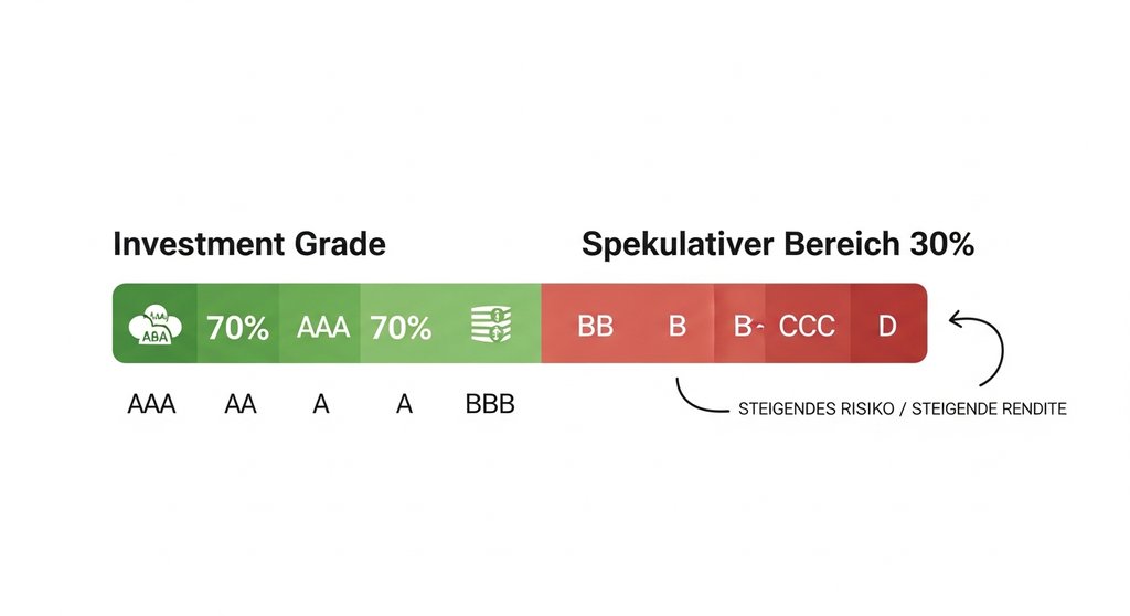 Infografik zur Erklärung der Anleihen-Rating-Skala von Investment Grade bis zum spekulativen Bereich.