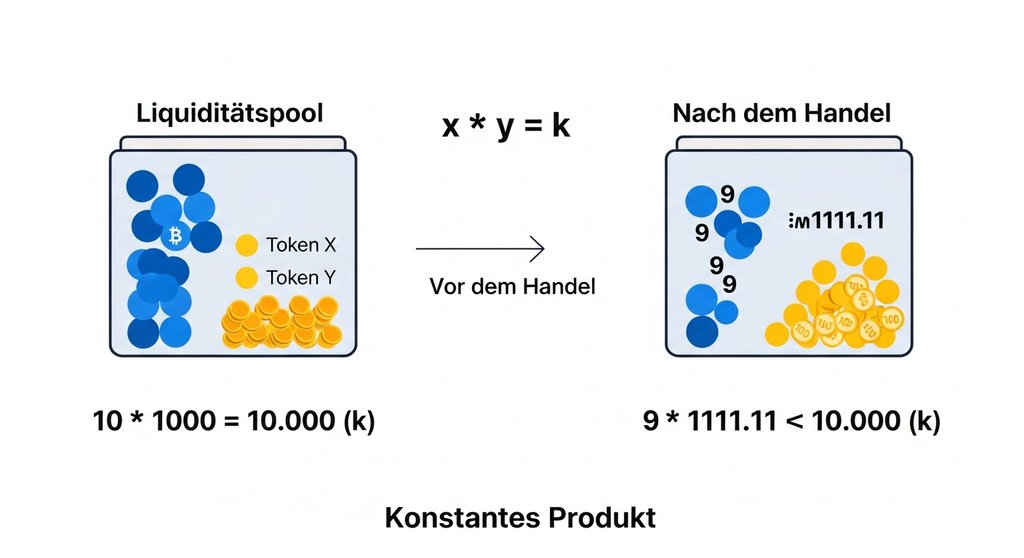 Infografik zur Erklärung der Constant Product Formula eines Automated Market Makers.