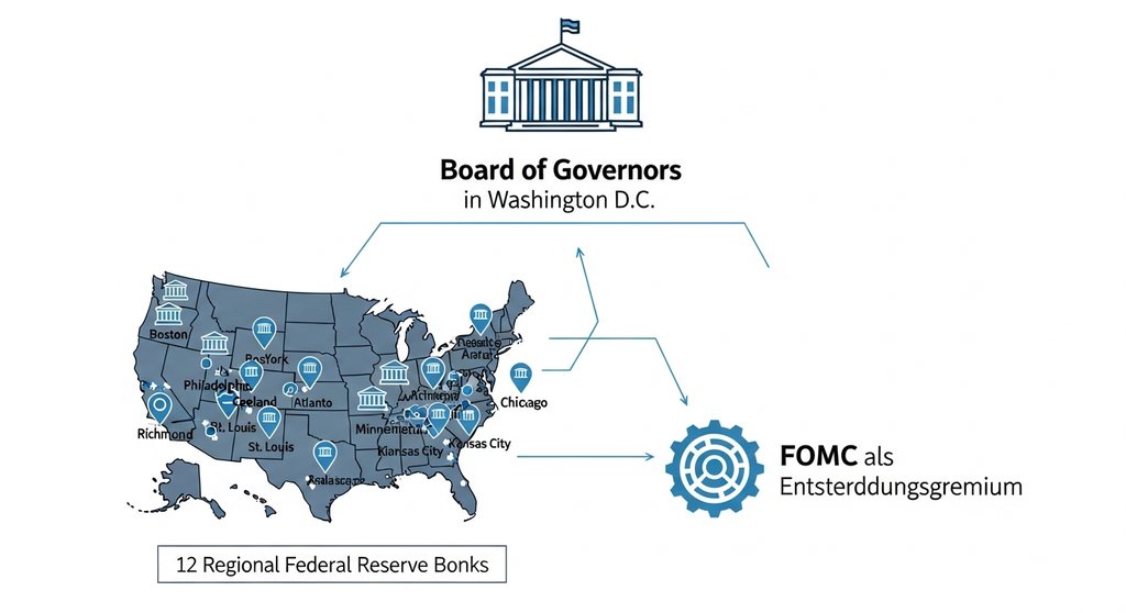 Infografik zur Erklärung der dreiteiligen Struktur des Federal Reserve Systems in den USA.