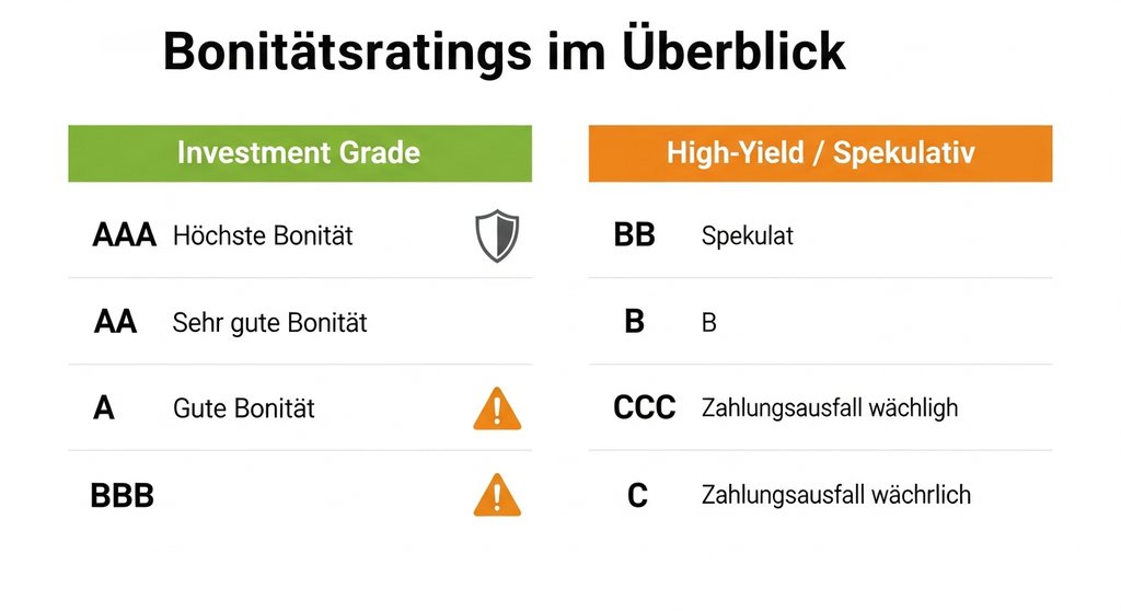 Infografik zur Erklärung von Anleihen-Ratings von Investment Grade bis zum High-Yield-Bereich.