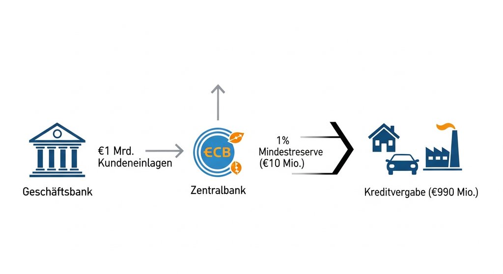 Infografik zur Funktionsweise der Mindestreserve, die den Geldfluss von Kundeneinlagen zur Zentralbank und zur Kreditvergabe zeigt.