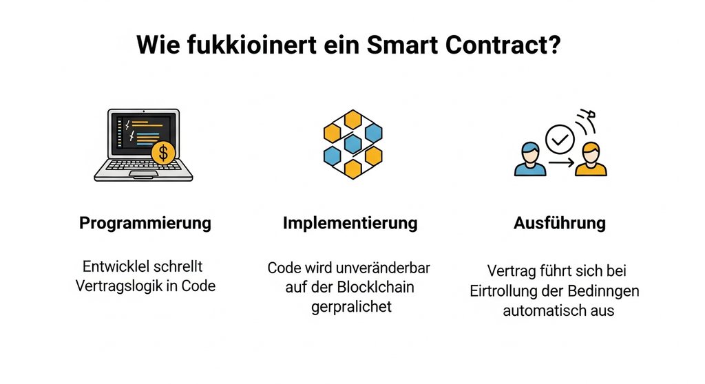 Infografik zur Funktionsweise von Smart Contracts in drei Schritten: Programmierung, Implementierung und Ausführung.
