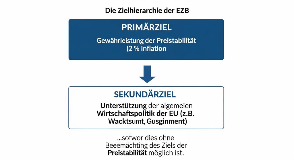 Infografik zur Zielhierarchie der EZB, die Preisstabilität als primäres und Wirtschaftsförderung als sekundäres Ziel zeigt.