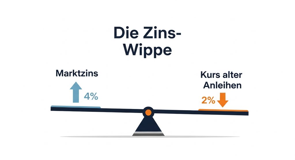 Infografik zur Zins-Wippe, die zeigt, wie steigende Marktzinsen die Kurse alter Anleihen senken.