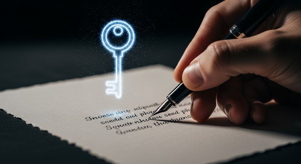 Konzeptbild zur Wichtigkeit einer Seed Phrase, die handschriftlich für ein Krypto-Wallet notiert wird.