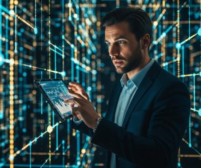 Mann navigiert mit Tablet durch die komplexe Welt der DeFi-Risiken.