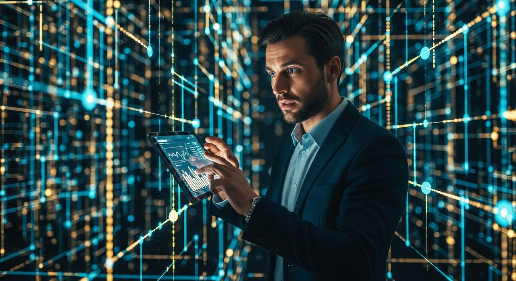 Mann navigiert mit Tablet durch die komplexe Welt der DeFi-Risiken.