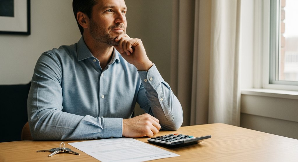 Mann plant entspannt die Steuern für seine Mieteinnahmen am Schreibtisch.