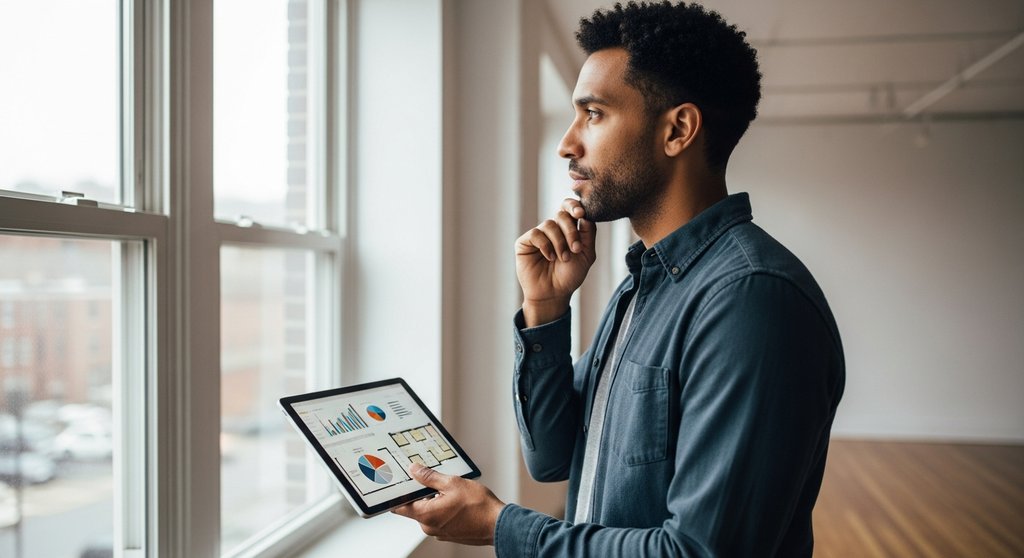 Mann prüft eine Wohnung als Kapitalanlage mit einem Tablet in der Hand.