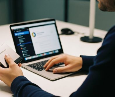 Mann vergleicht eine Hardware-Wallet mit einer Software-Wallet auf seinem Laptop.