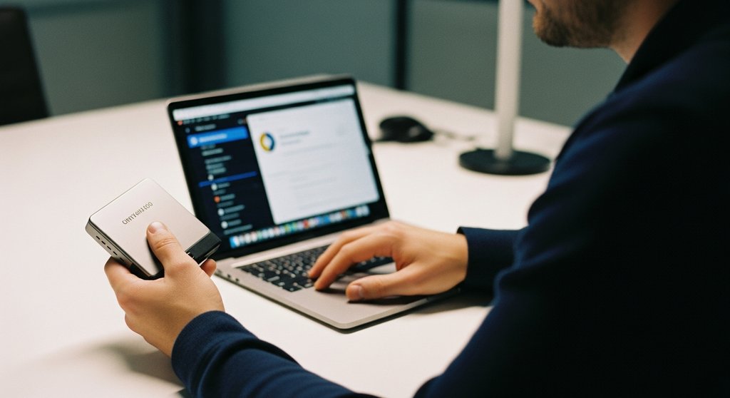 Mann vergleicht eine Hardware-Wallet mit einer Software-Wallet auf seinem Laptop.