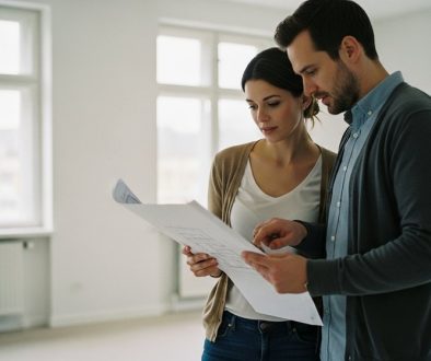 Nachdenkliches Paar plant die Finanzen für ihre Eigentumswohnung und berechnet die Instandhaltungsrücklage.