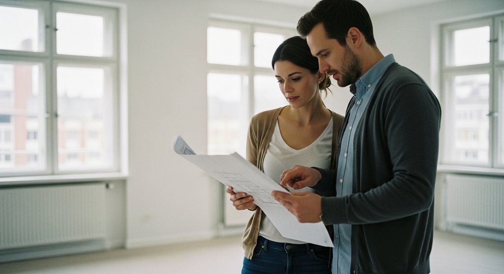 Nachdenkliches Paar plant die Finanzen für ihre Eigentumswohnung und berechnet die Instandhaltungsrücklage.