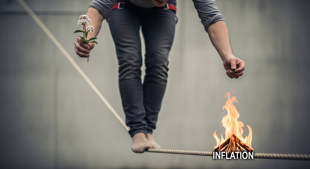 Person balanciert auf einem Seil zwischen Wachstum (Pflanze) und Inflation (Feuer).