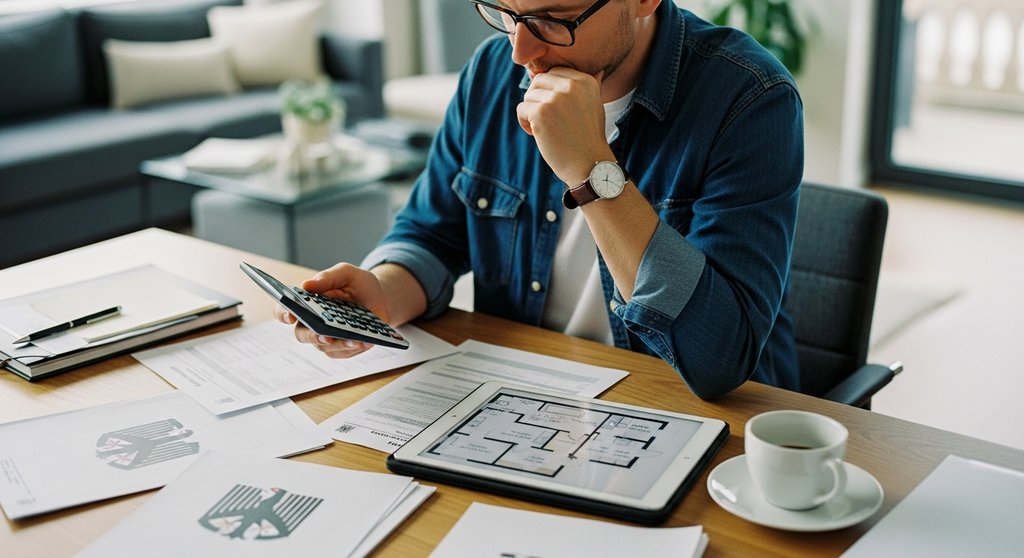 Person berechnet die Kaufnebenkosten für eine Immobilie an einem Schreibtisch.