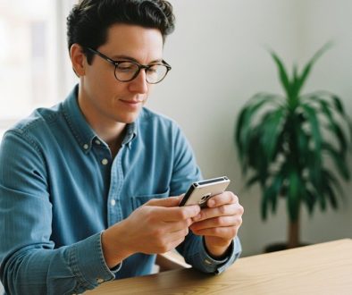 Person hält ein Krypto Hardware Wallet sicher in den Händen an einem Schreibtisch.